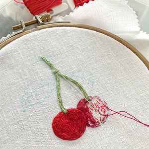 Cherries on the Vine on White Linen Hand Embroidered Art