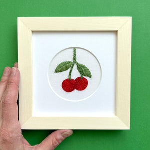 Cherries on the Vine on White Linen Hand Embroidered Art