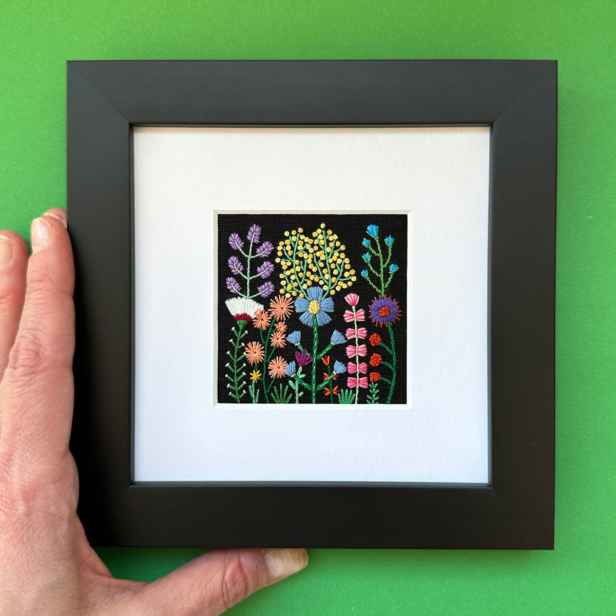 Rainbow Flowers B (2.5" Square) on Black Linen Hand Embroidered Art