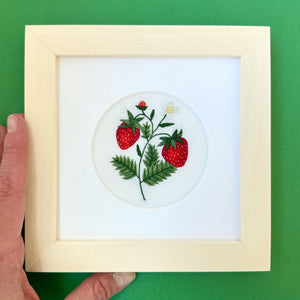 Strawberry Plant on White Linen Hand Embroidered Art