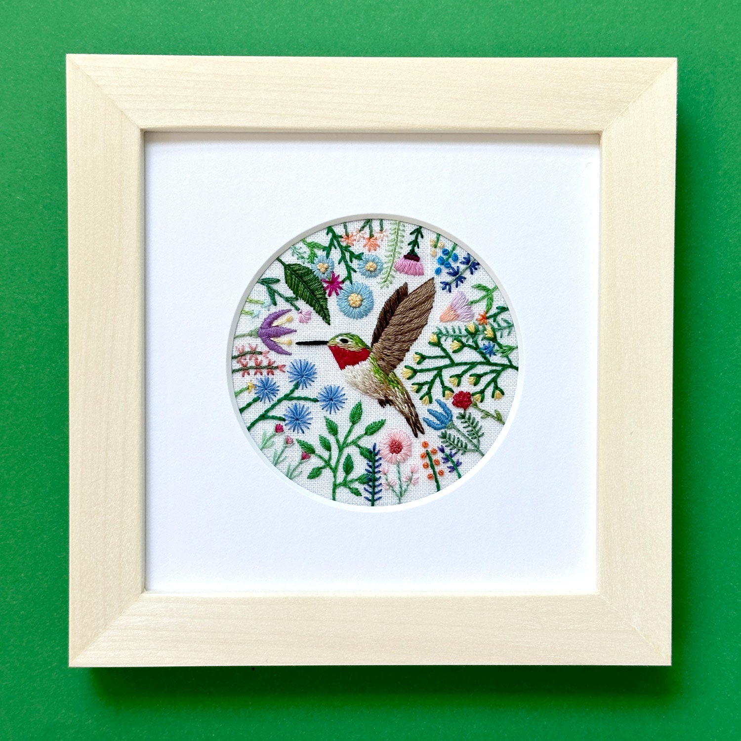 Hummingbird and Flowers on White Linen Hand Embroidered Art