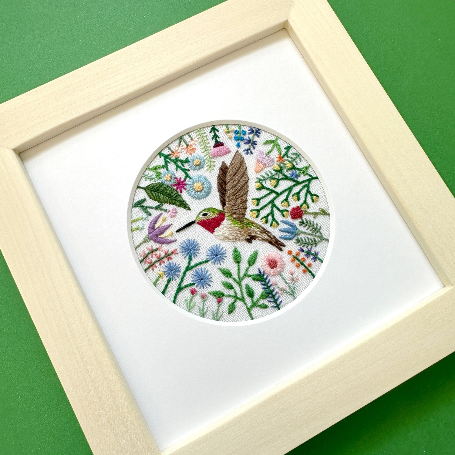 Hummingbird and Flowers on White Linen Hand Embroidered Art