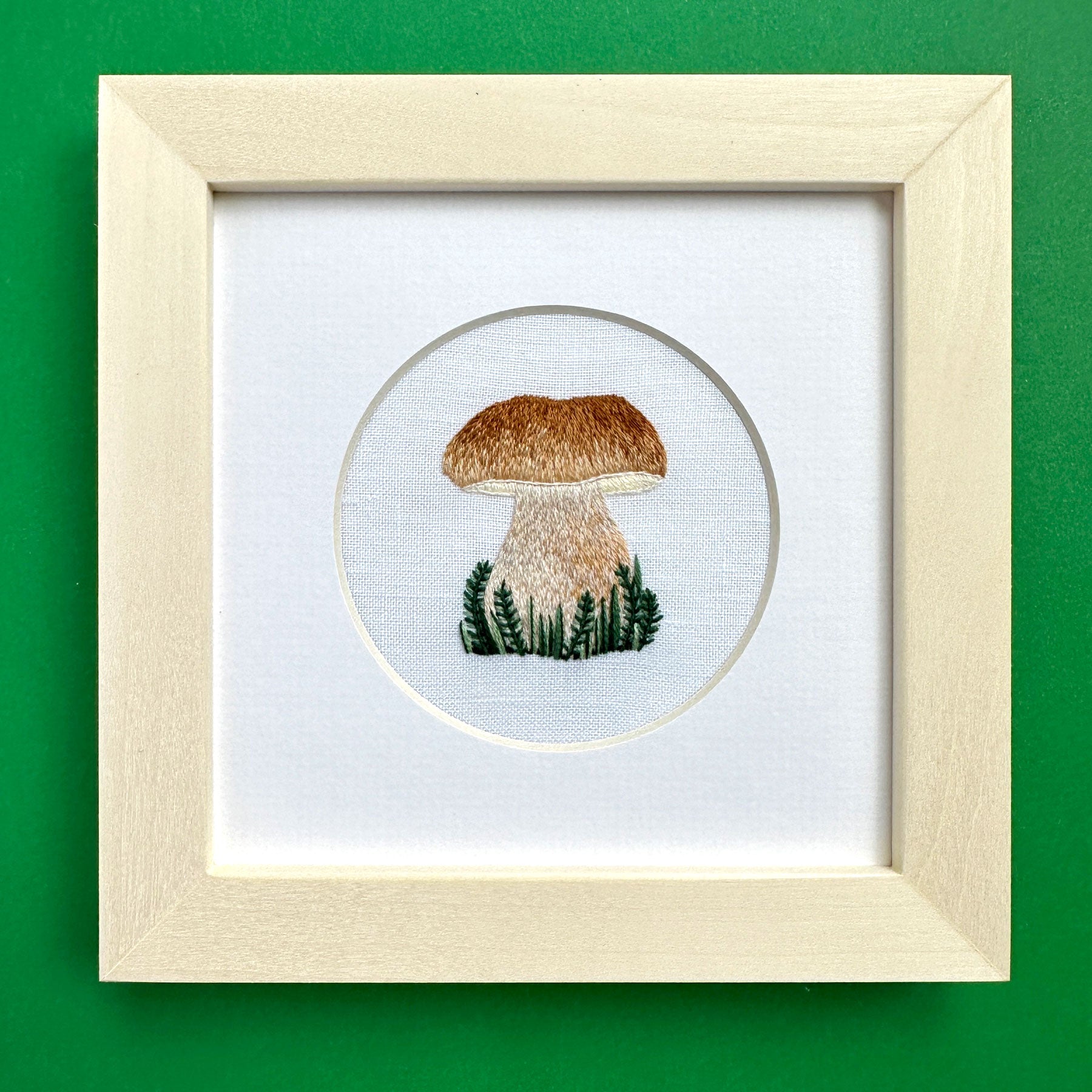 Porcini Mushroom on White Linen Hand Embroidered Art