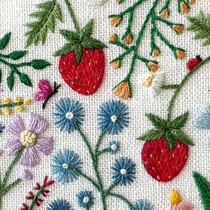 Spring Scene with Strawberries, Insects, and Flowers on White Linen Hand Embroidered Art