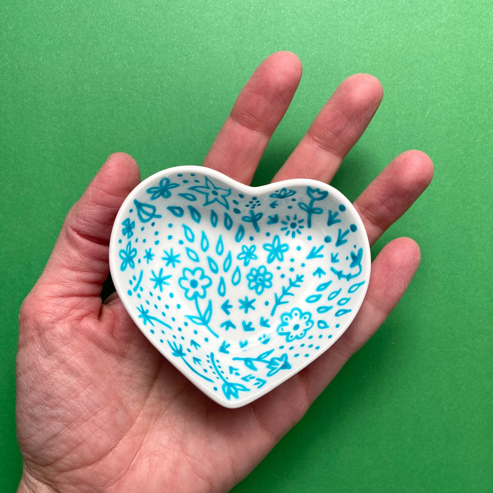 Turquoise Floral 16 - Hand Painted Porcelain Heart Bowl