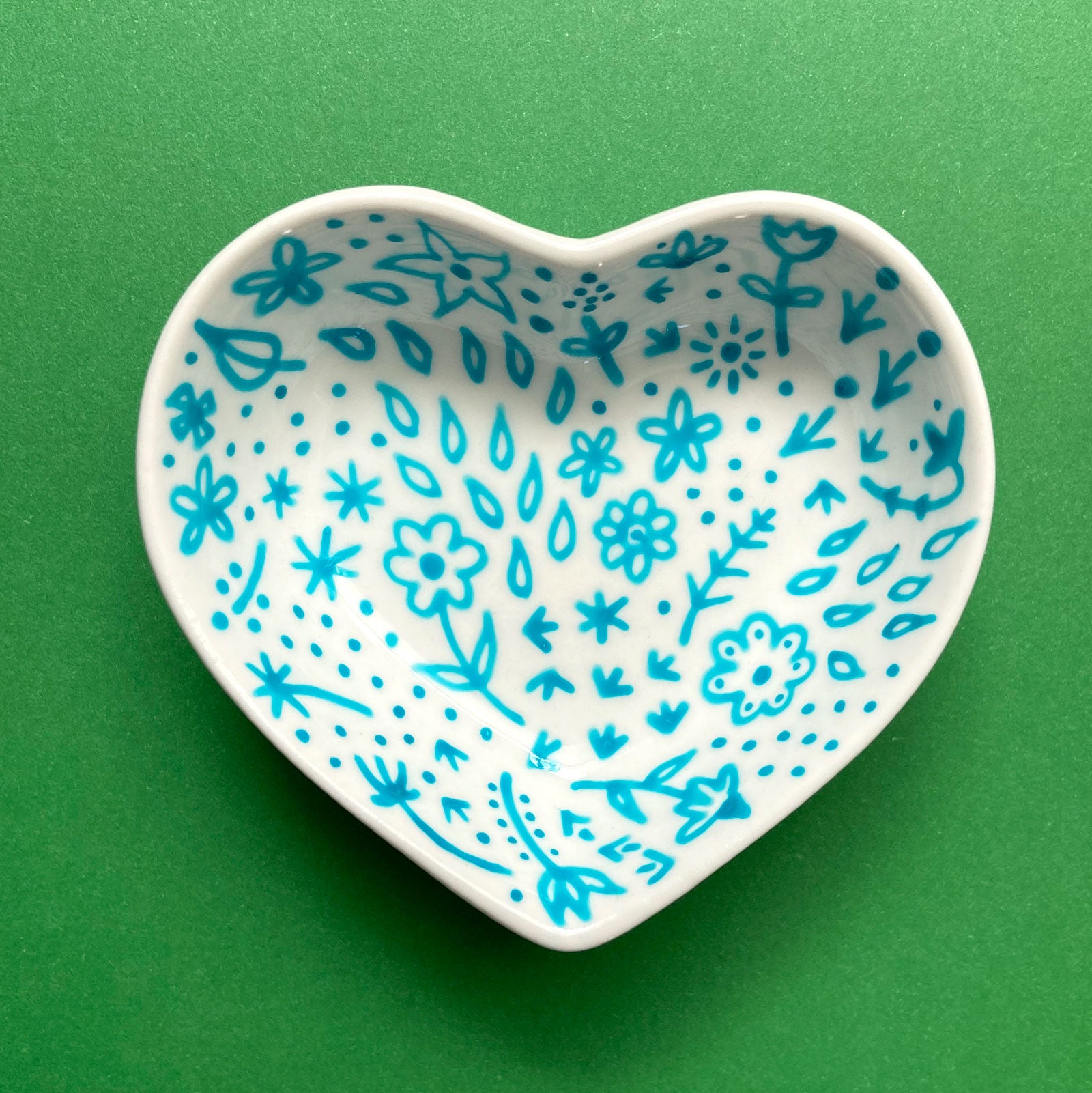 Turquoise Floral 16 - Hand Painted Porcelain Heart Bowl