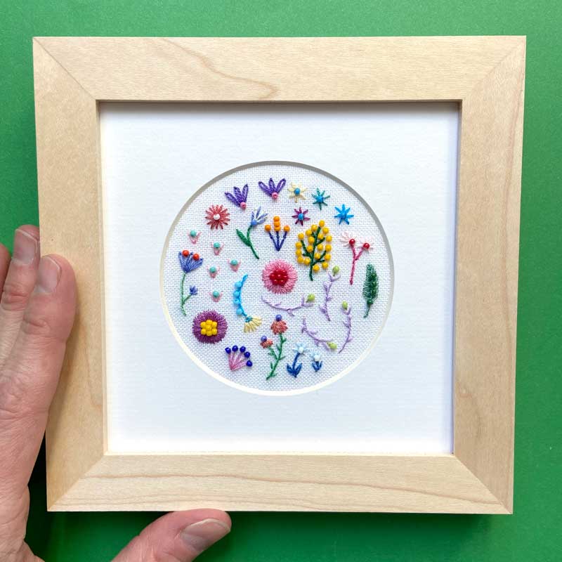 Beaded Rainbow Flowers Circle (3") on White Linen Hand Embroidered Art