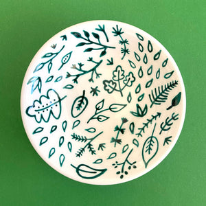 Dark Green Leaves & Ferns - Hand Painted Porcelain Round Bowl