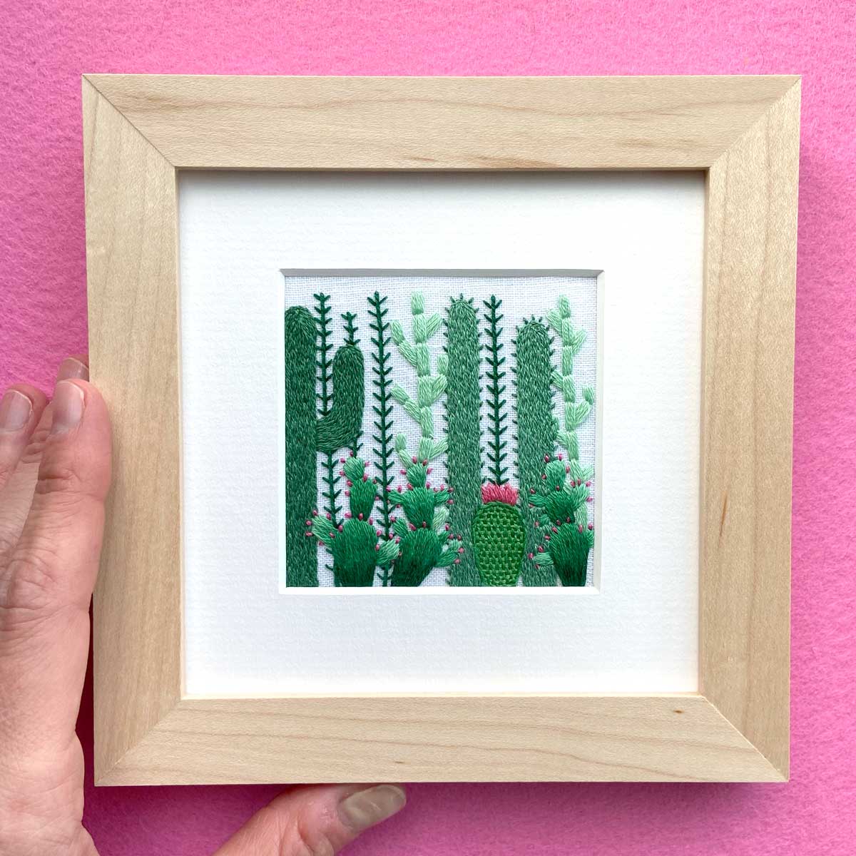 Cactus Grouping (2.75") on White Linen Hand Embroidered Art