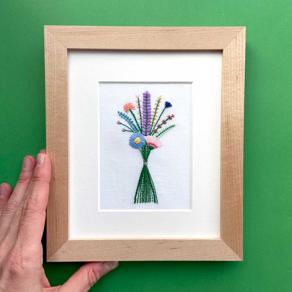 Large Floral Bouquet on White Linen Hand Embroidered Art