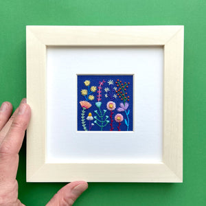 Tiny Rainbow Flower Garden (2.25") on Blue Linen Hand Embroidered Art