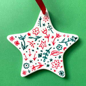 Red and Green Floral - Hand Painted Star Ornament