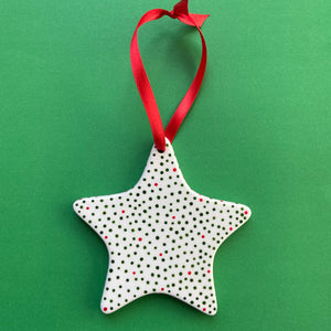 Red and Green Dots 10 - Hand Painted Star Ornament