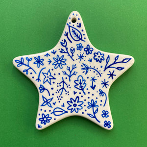 Blue Floral 11 - Hand Painted Star Ornament