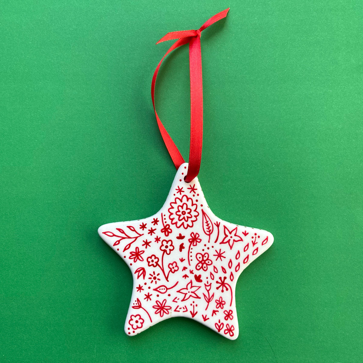 Red and Green Floral 6 - Hand Painted Star Ornament