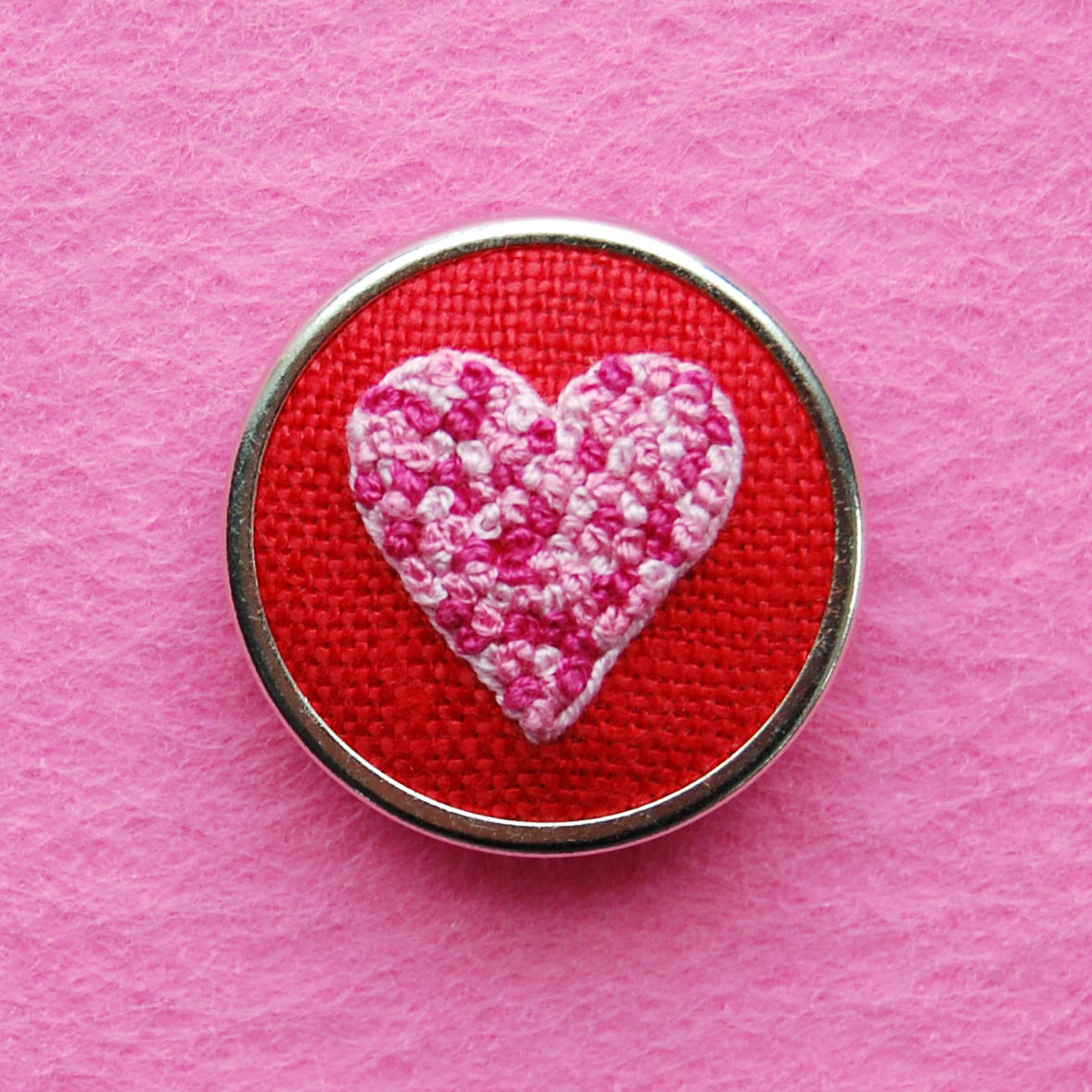 Hand Embroidered Pin - Heart 4 Pinks on Red