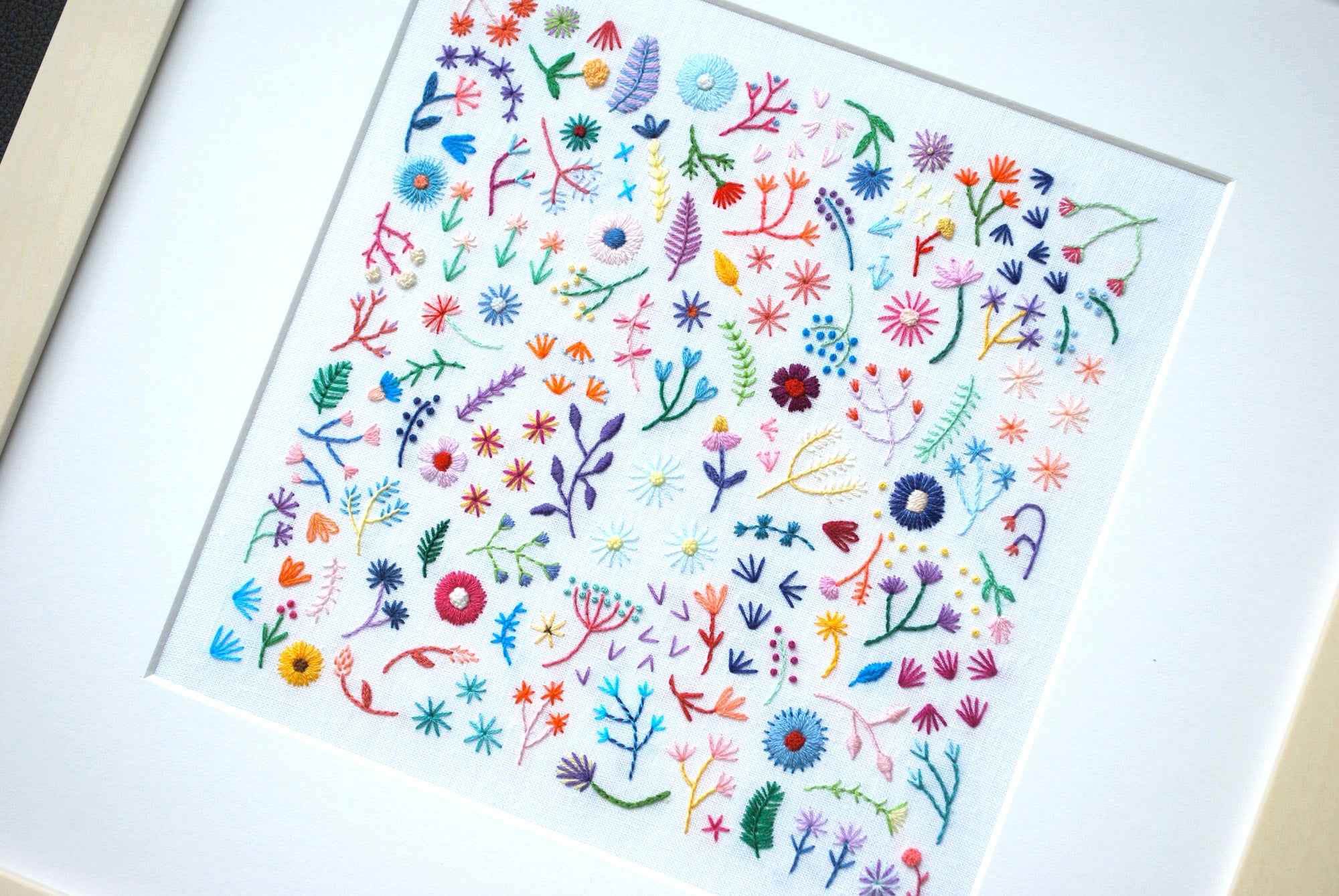 Rainbow Flowers Field (7.00") on White Linen Hand Embroidered Art