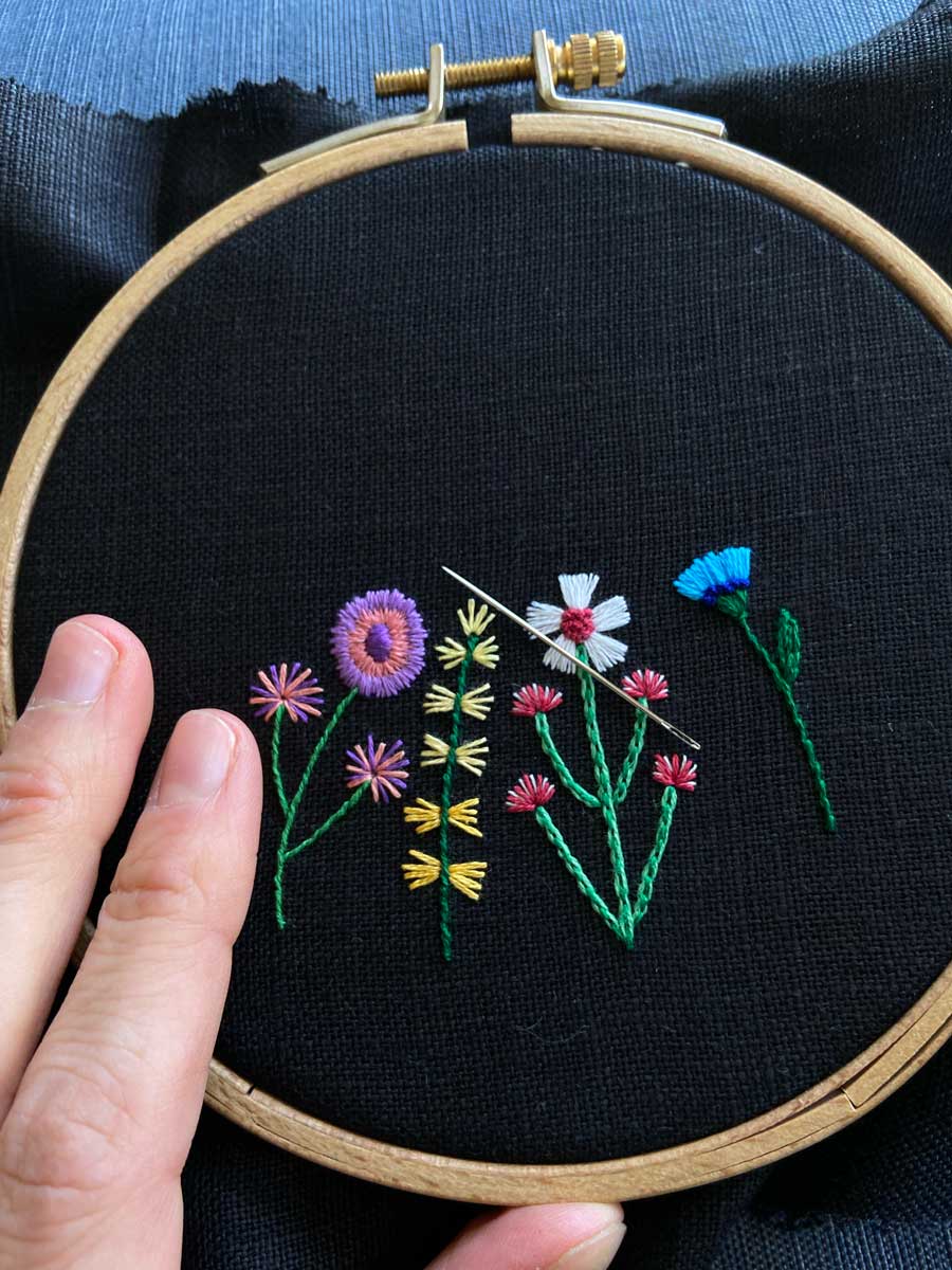 Rainbow Flowers (3") on Black Linen Hand Embroidered Art