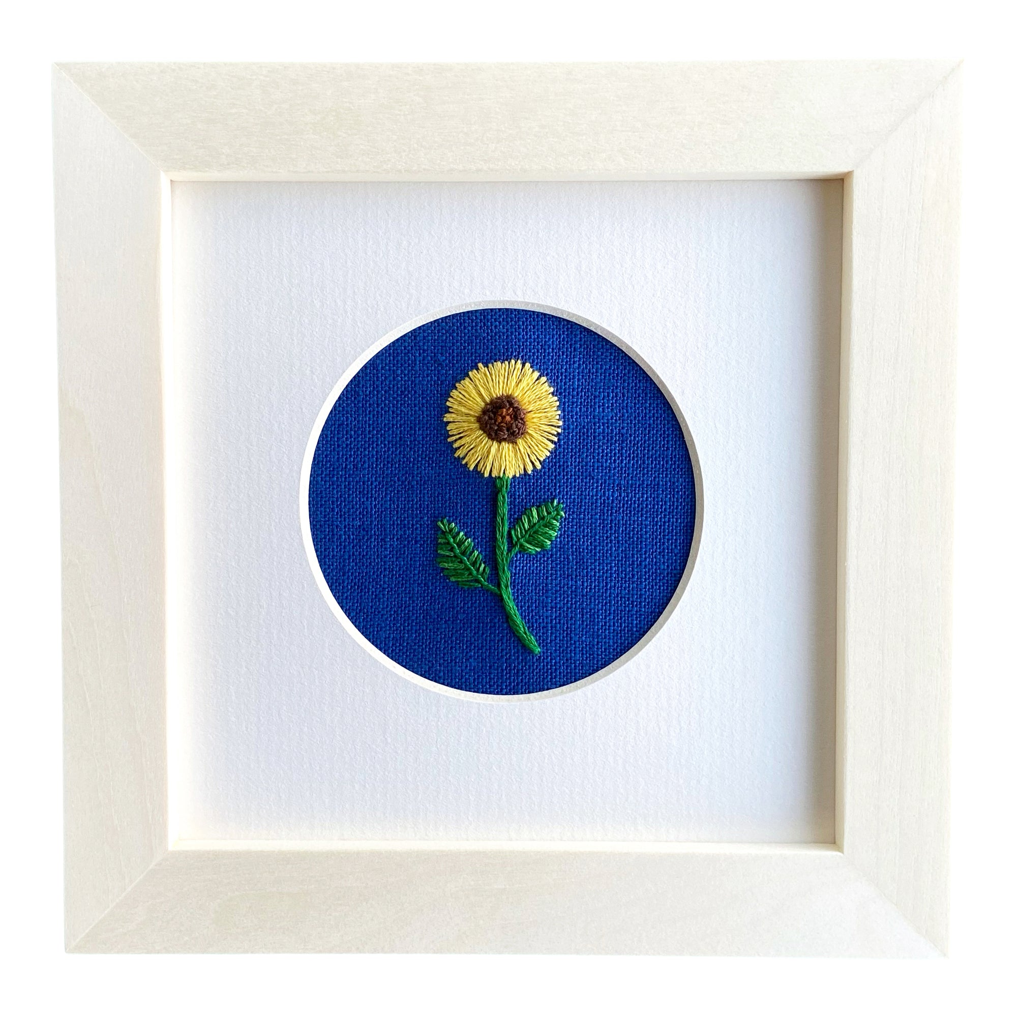 Sunflower on Blue Linen Hand Embroidered Art