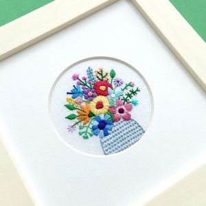 Flowers in Vase on White Linen Hand Embroidered Art