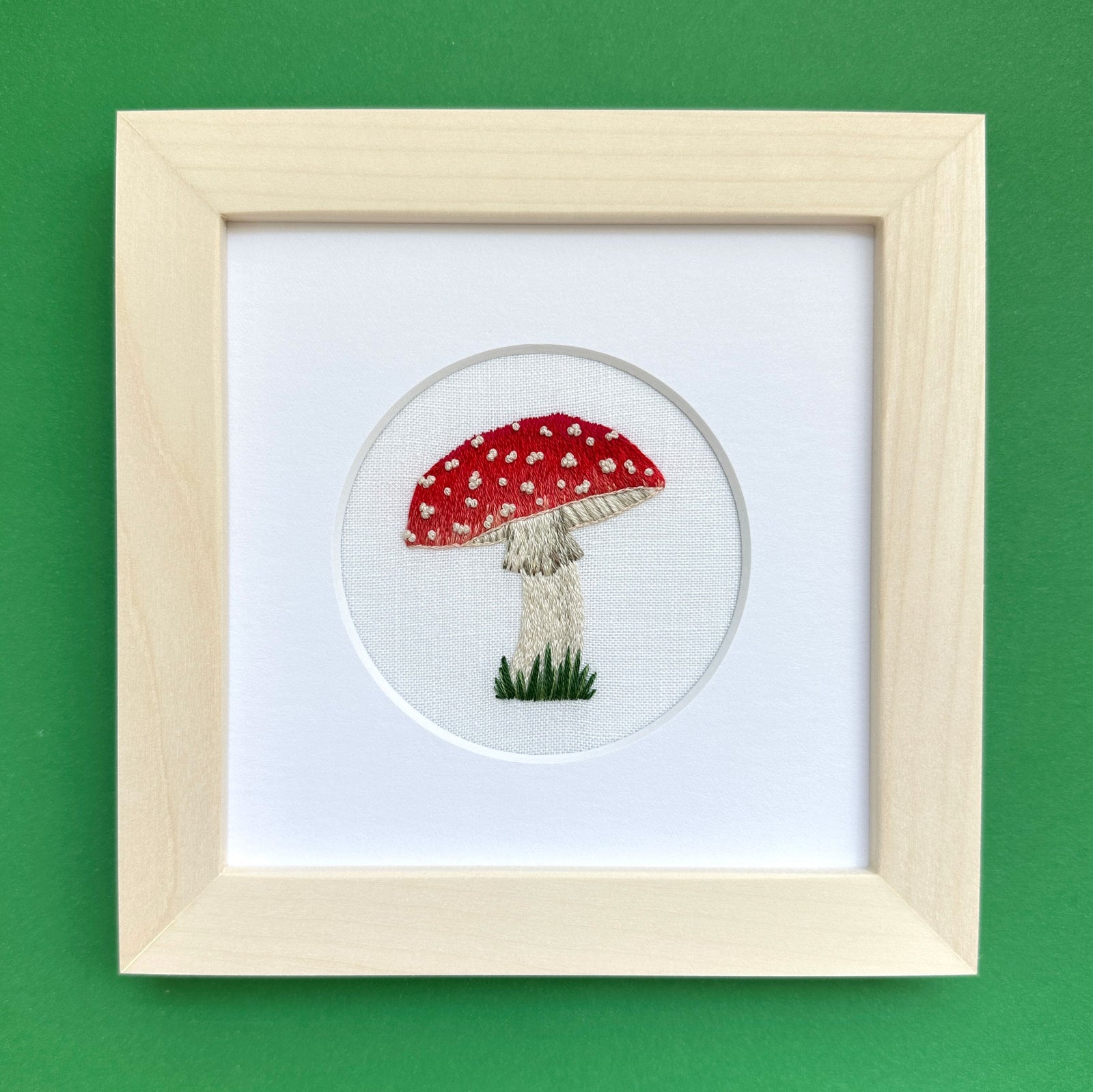 Amanita muscaria Mushroom on White Linen Hand Embroidered Art