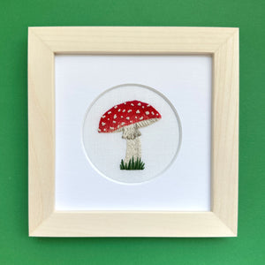 Amanita muscaria Mushroom on White Linen Hand Embroidered Art
