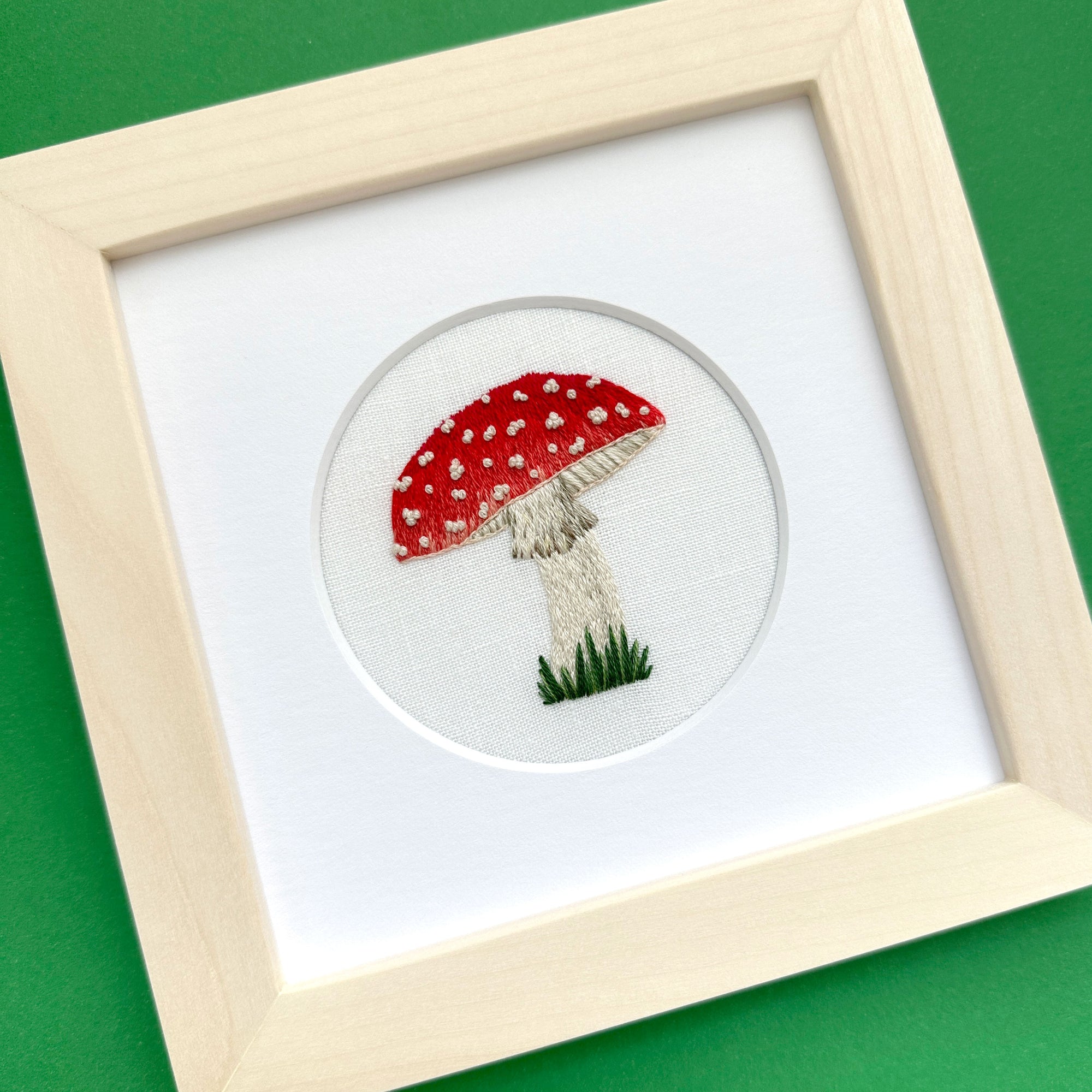 Amanita muscaria Mushroom on White Linen Hand Embroidered Art