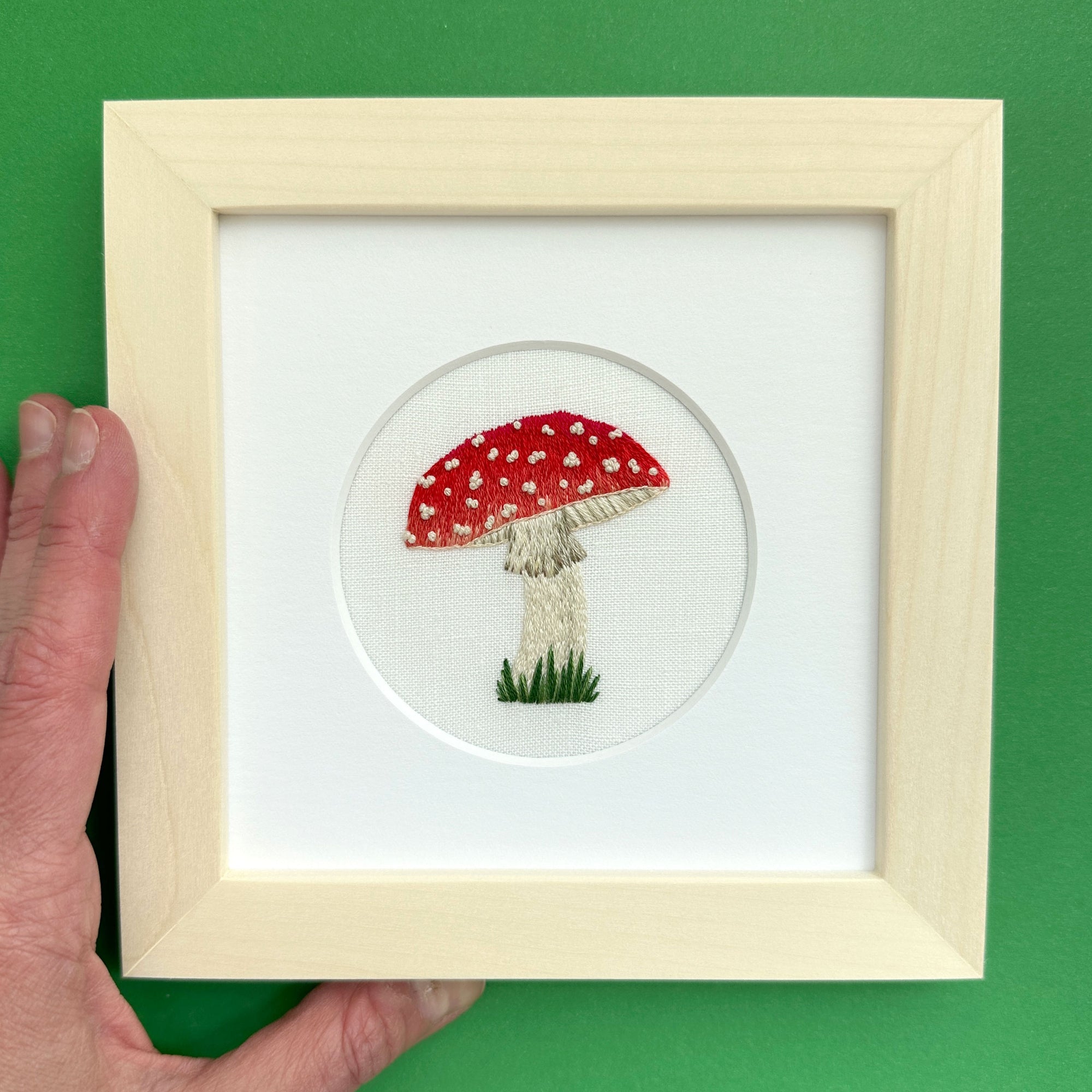 Amanita muscaria Mushroom on White Linen Hand Embroidered Art