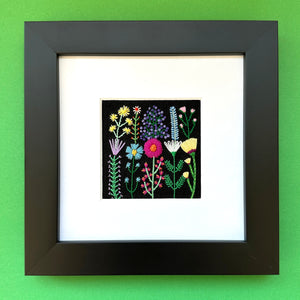 Rainbow Flowers A (2.5" Square) on Black Linen Hand Embroidered Art