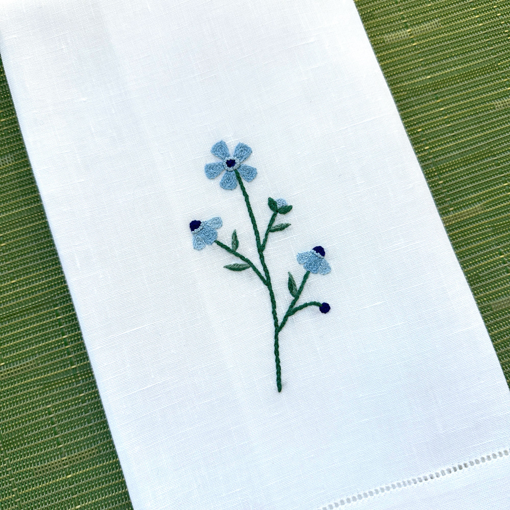 Embroidered Guest Towel - Light Blue Floral Chain Stitch Motif