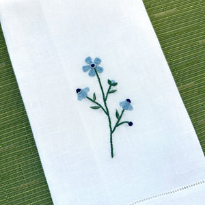 Embroidered Guest Towel - Light Blue Floral Chain Stitch Motif