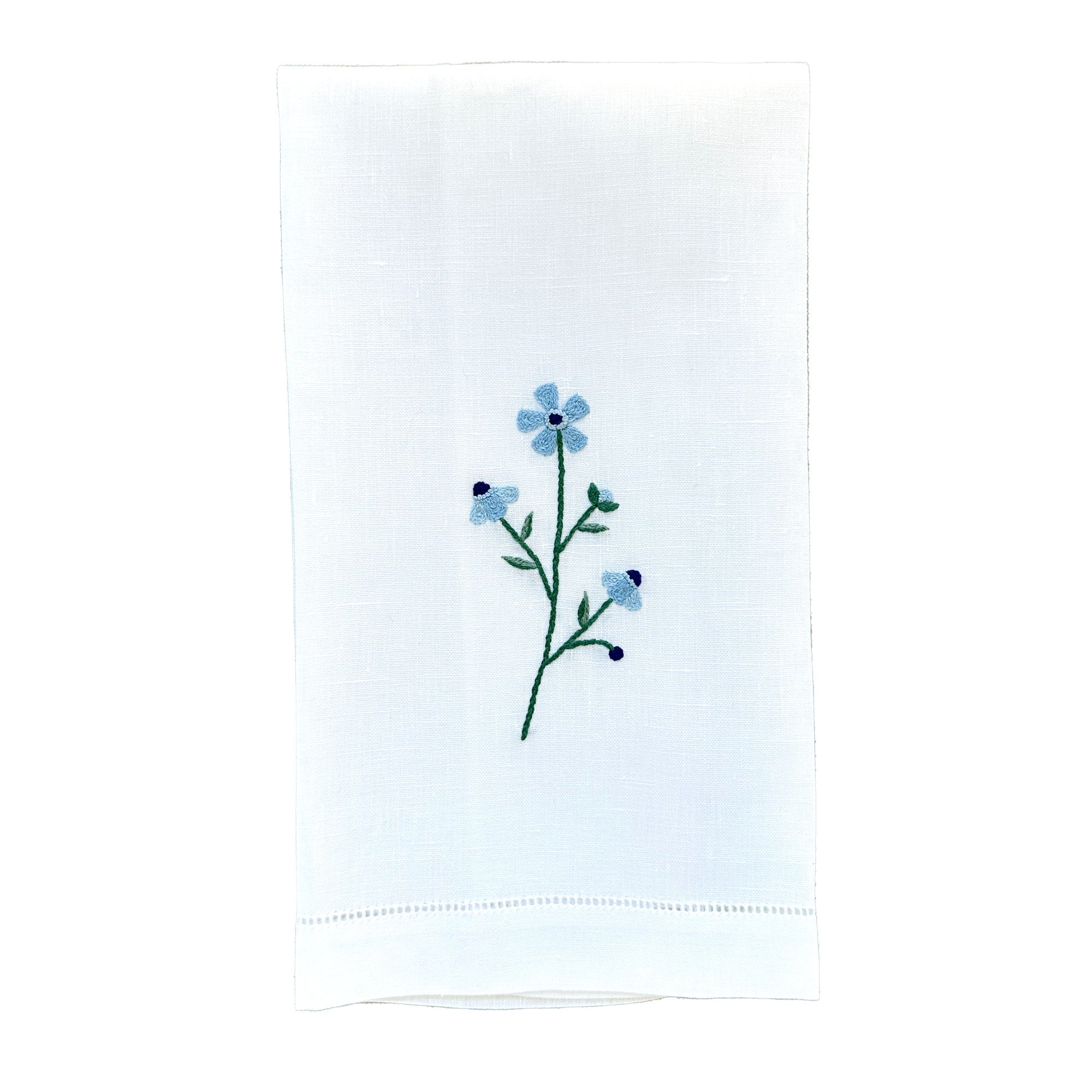 Embroidered Guest Towel - Light Blue Floral Chain Stitch Motif