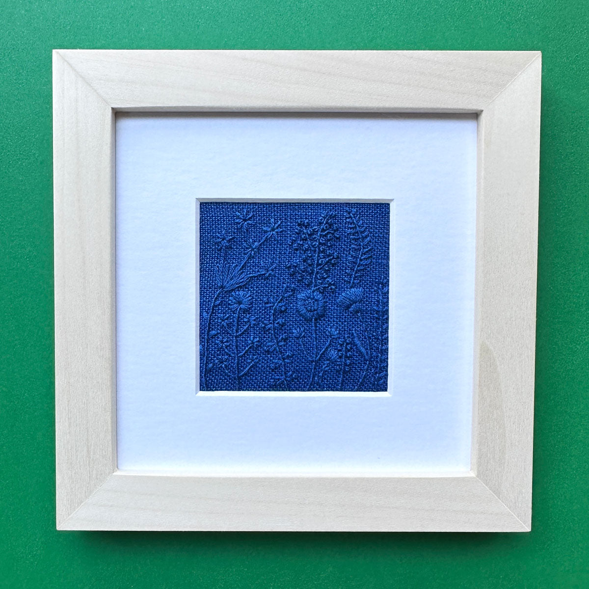 Monochromatic Blue Flowers (2.5") on Blue Linen Hand Embroidered Art