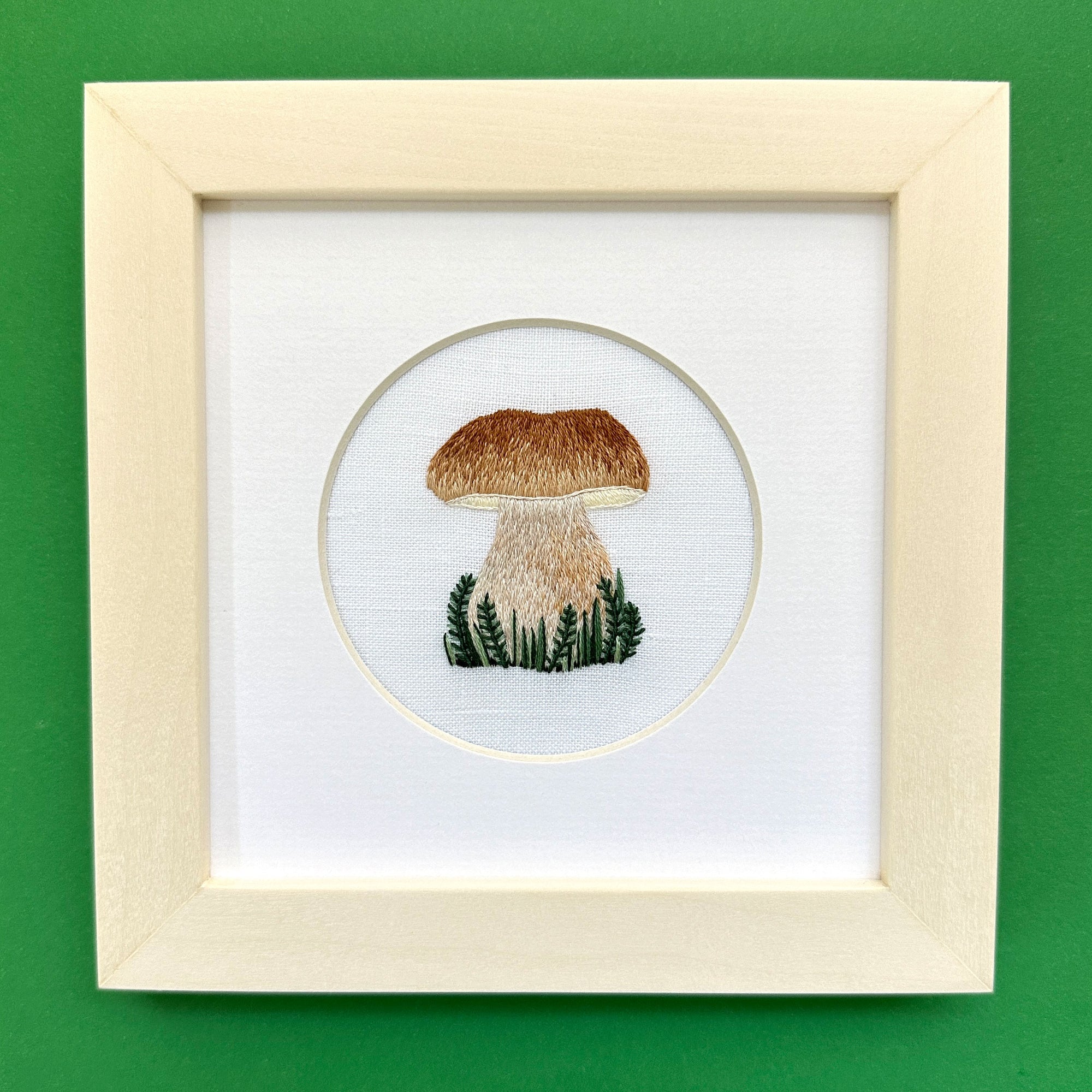 Porcini Mushroom on White Linen Hand Embroidered Art