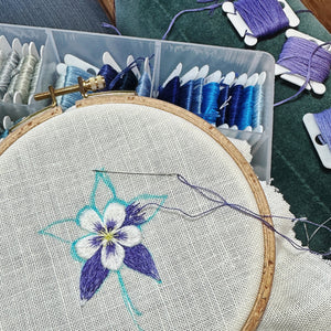 Dark Purple Columbine Flower (2.75") on Cream Linen Hand Embroidered Art