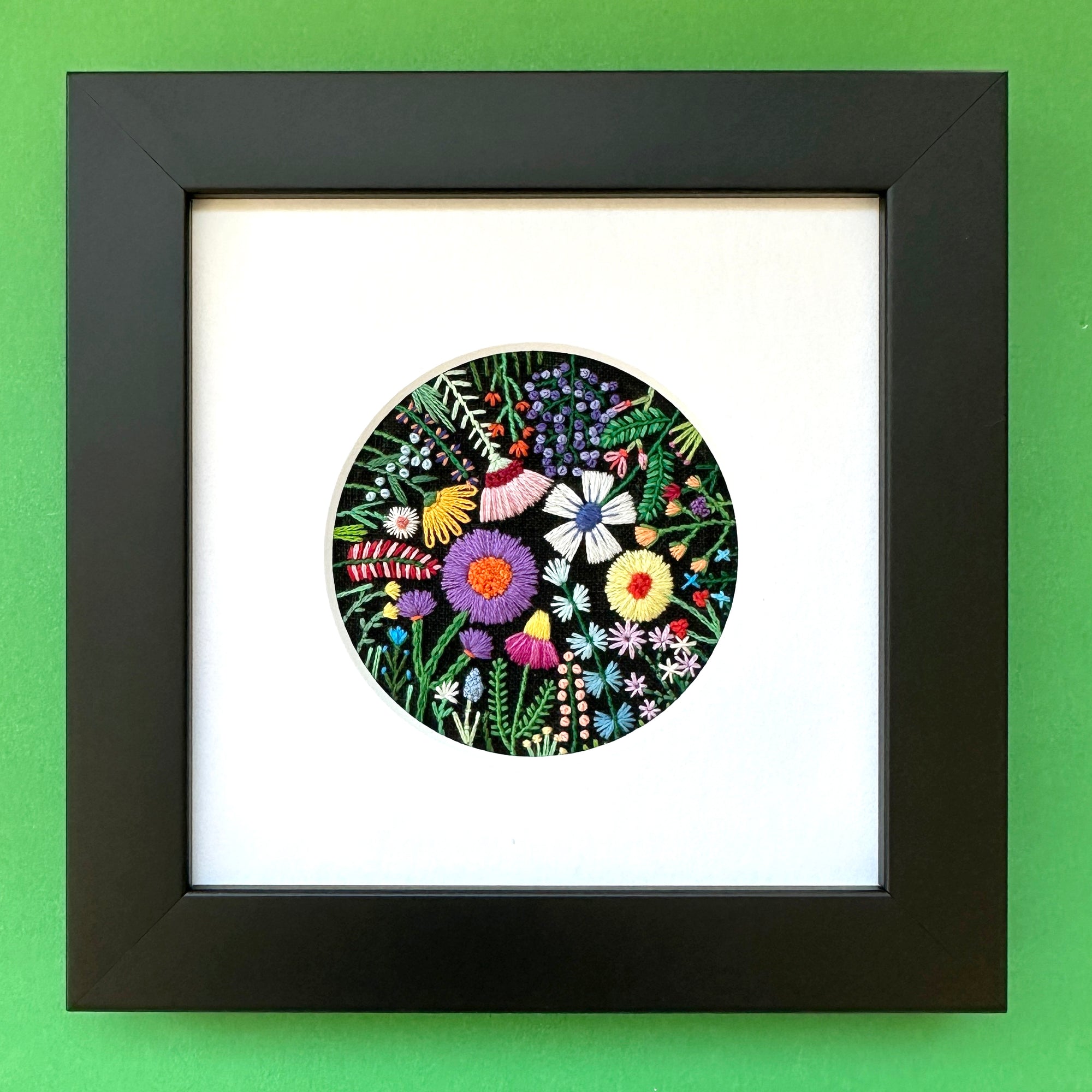 Rainbow Flowers C (2.75" Circle) on Black Linen Hand Embroidered Art