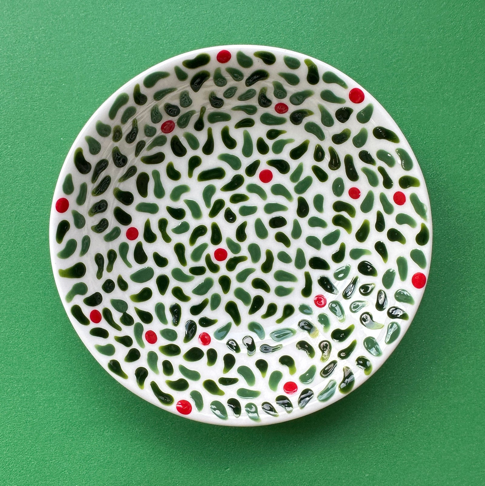 Leaves and Red Berries A - Hand Painted Porcelain Round Bowl