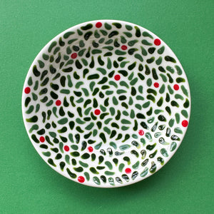 Leaves and Red Berries A - Hand Painted Porcelain Round Bowl