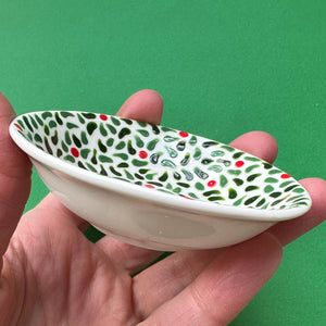Leaves and Red Berries A - Hand Painted Porcelain Round Bowl