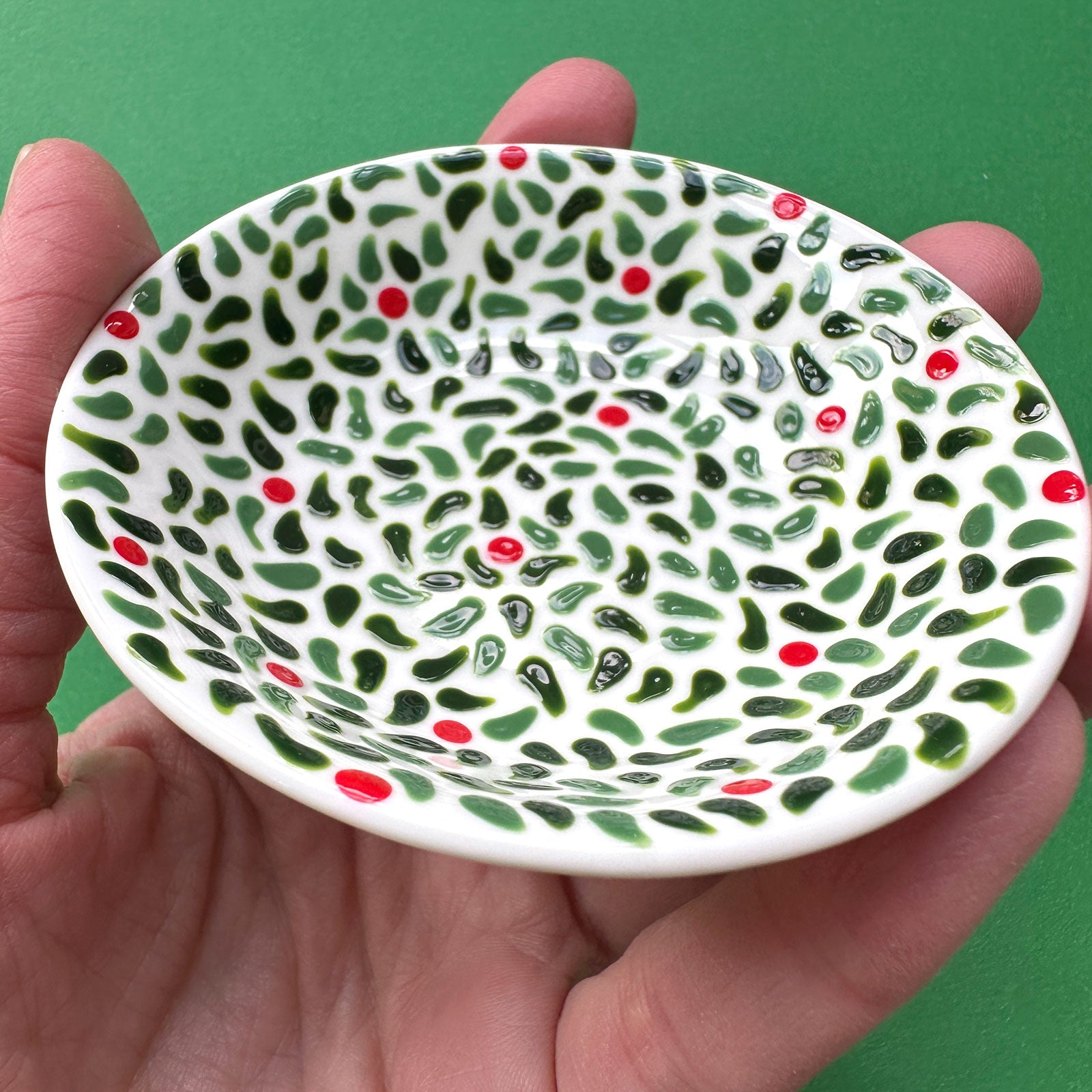 Leaves and Red Berries A - Hand Painted Porcelain Round Bowl
