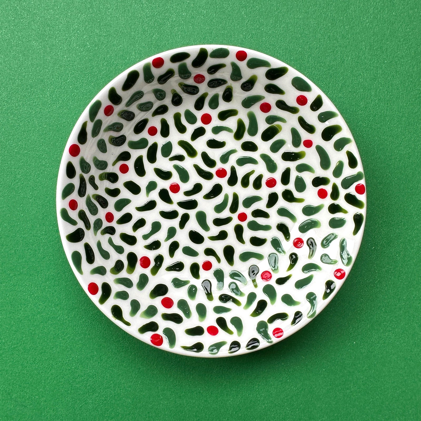 Leaves and Red Berries B - Hand Painted Porcelain Round Bowl
