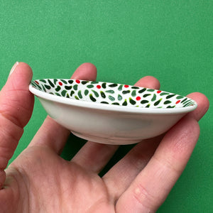 Leaves and Red Berries B - Hand Painted Porcelain Round Bowl