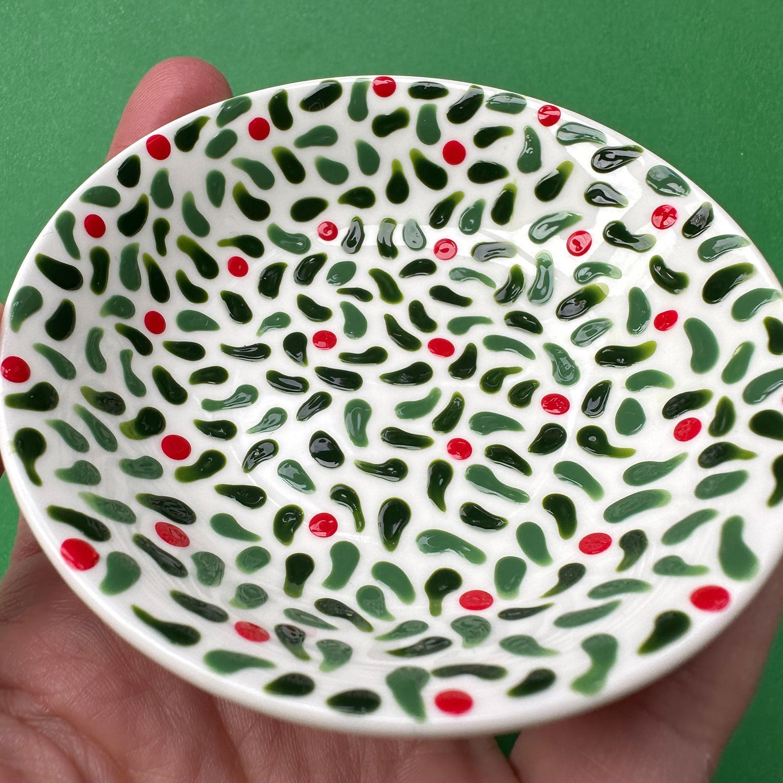 Leaves and Red Berries B - Hand Painted Porcelain Round Bowl
