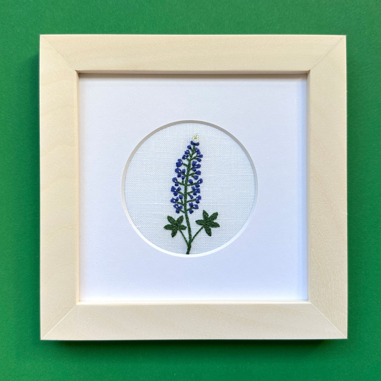 Bluebonnet Flower on White Linen Hand Embroidered Art