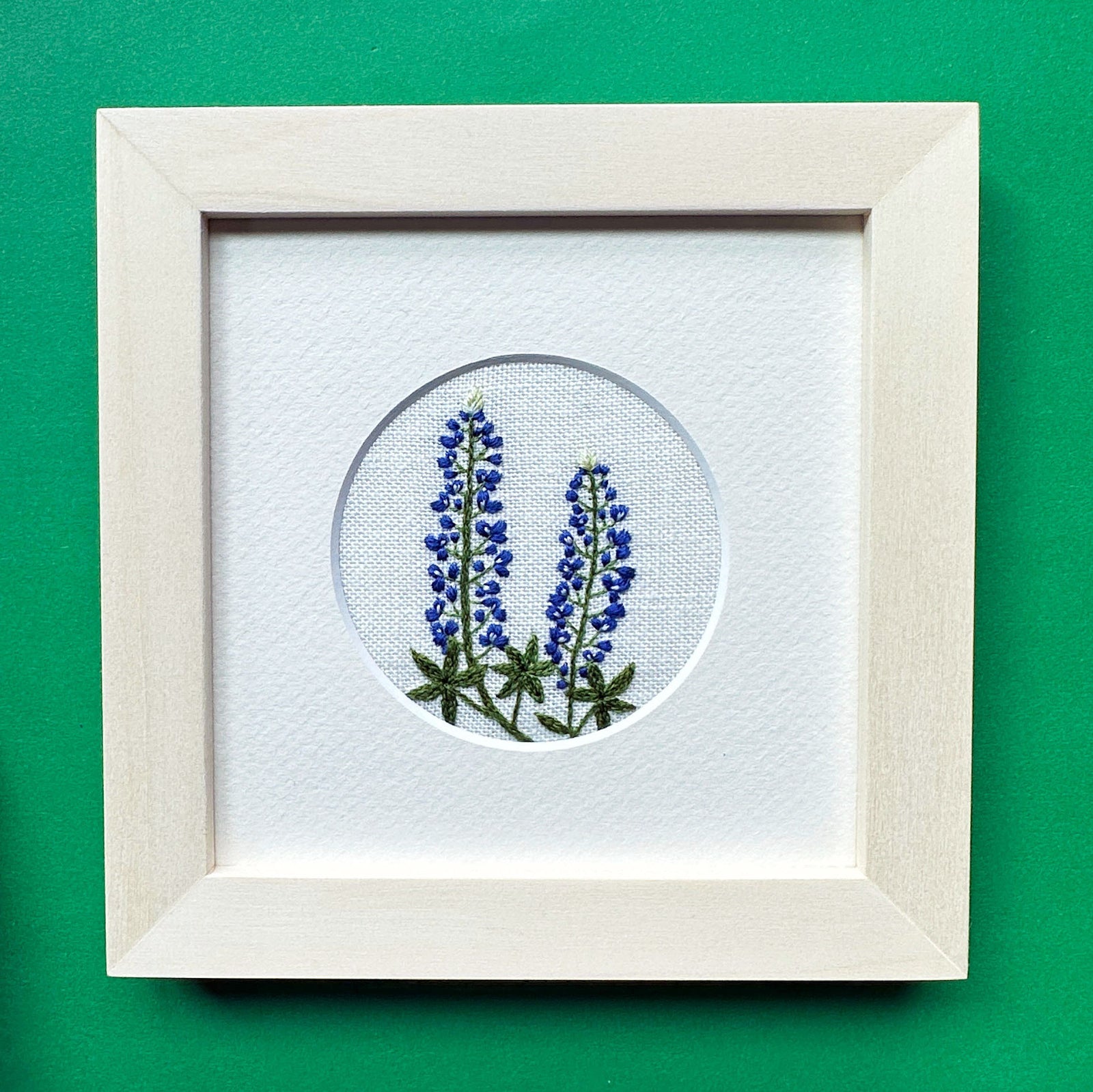 Bluebonnets (2.75")  on Cream Linen Hand Embroidered Art