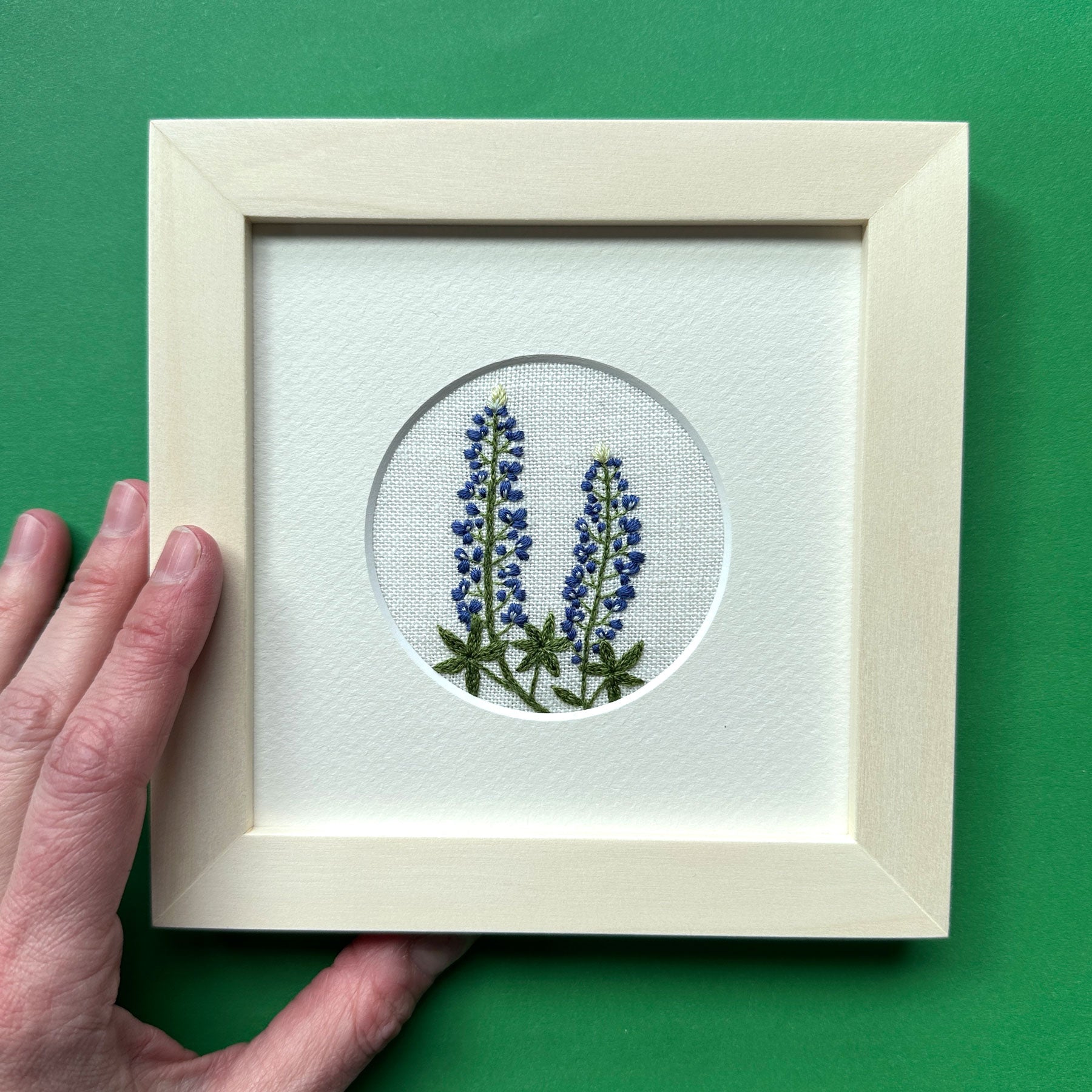 Bluebonnets (2.75")  on Cream Linen Hand Embroidered Art
