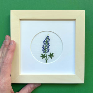 Bluebonnet Flower on White Linen Hand Embroidered Art
