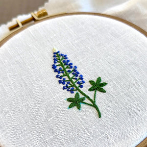 Bluebonnet Flower on White Linen Hand Embroidered Art