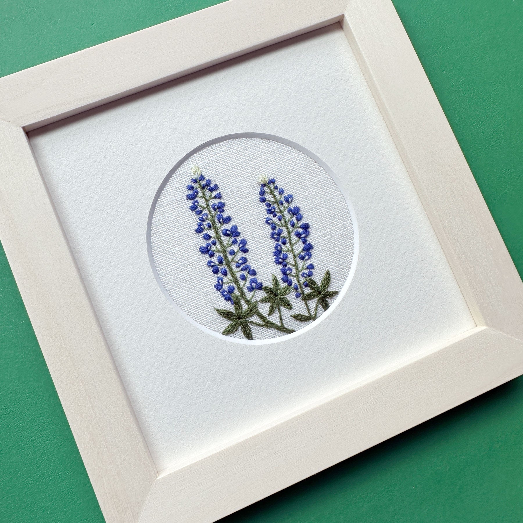 Bluebonnets (2.75")  on Cream Linen Hand Embroidered Art