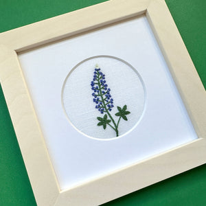 Bluebonnet Flower on White Linen Hand Embroidered Art